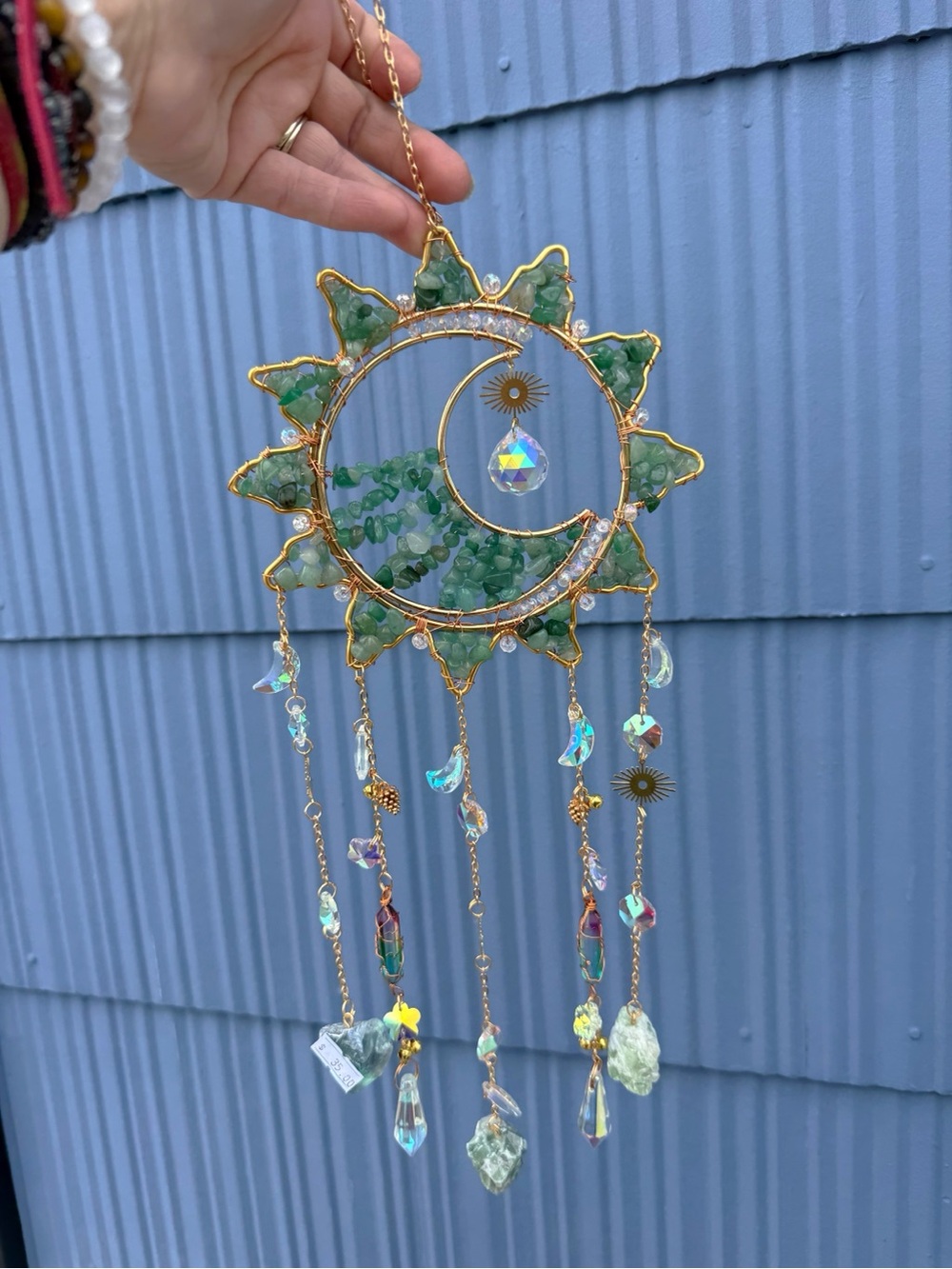 Green Crystal Crescent Sun Wind Chime - Home Wall Decor